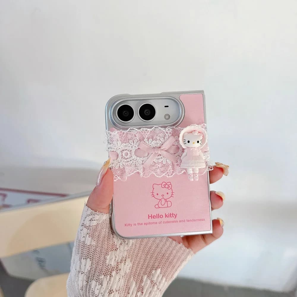 Fashion Korean Ins 3D Cute Cartoon Cat Lace Phone Case for Apple iPhone Duo Cover, Sweet Pink Shockproof Protective Cases Kawaii