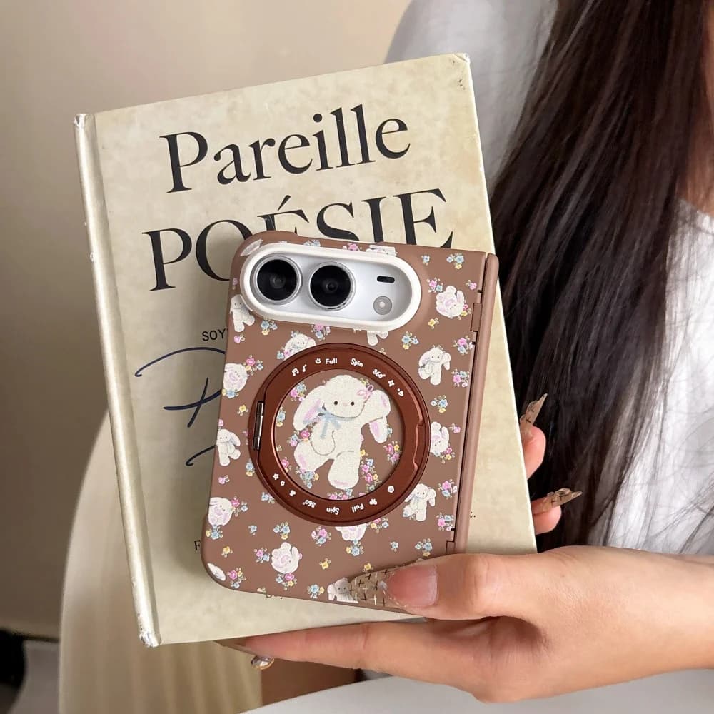 Korean Ins Sweet Rabbit Flower Magnetic Phone Case for iPhone Duo cover with Magsafe Holder, Retro Brown Shockproof Cases Kawaii