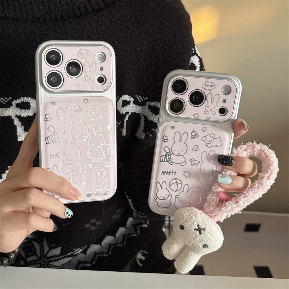 Kawaii Line Rabbit Electroplated Leather Phone case for iPhone 16 Pro 13 14 15 17 Pro Max Cases With Plush Pendant Cute Fundas