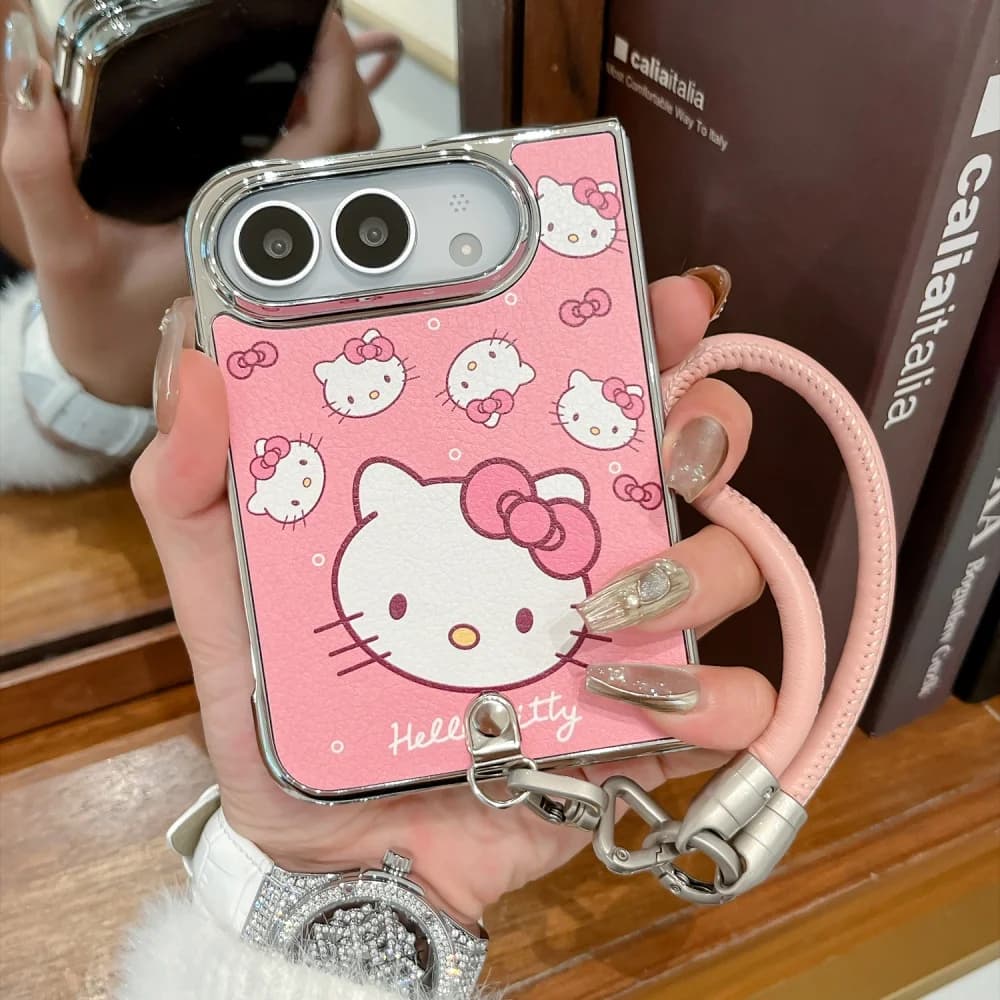 New Korean Ins Cute Cartoon Kitten Pink Phone Case for iPhone Duo, Fashion Folding Anti-fall Protective Cover, with Charm Kawaii