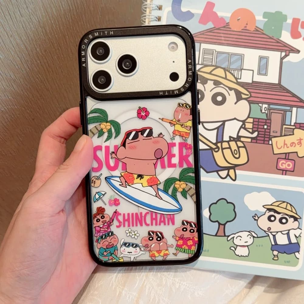 Kawaii Summer Surf Shin Chan Printed Phone Case For iPhone 17 16 Pro 12 13 14 15 16 17 Pro Max Cute Anti-Fall Cover With Magneti