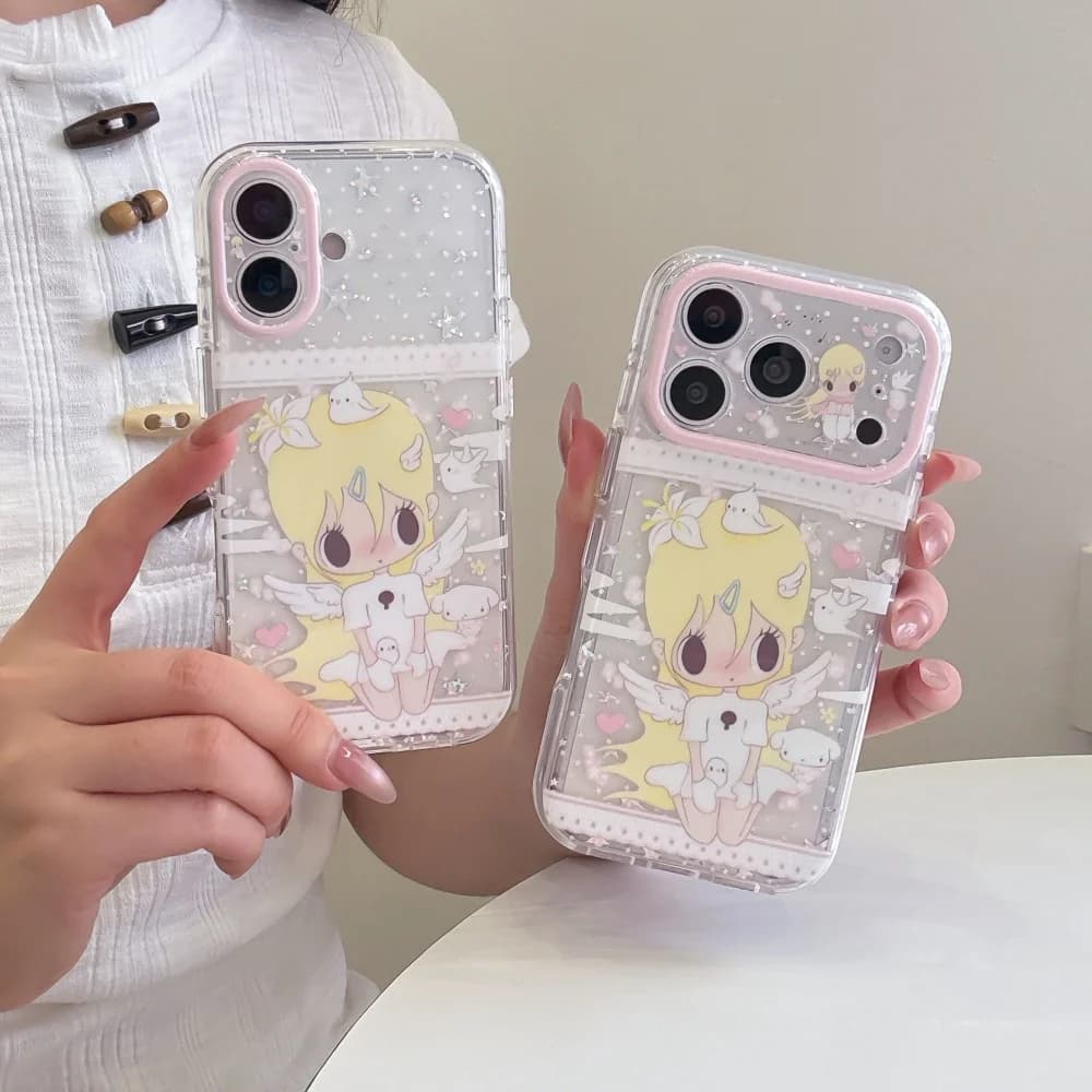 Kawaii Glitter Angel Girl Cute Phone Case for iPhone 17Pro 16 Max 15 16 17 Pro Max 15 14 Pro Fashion Sweet Girly Anti-fall Cover