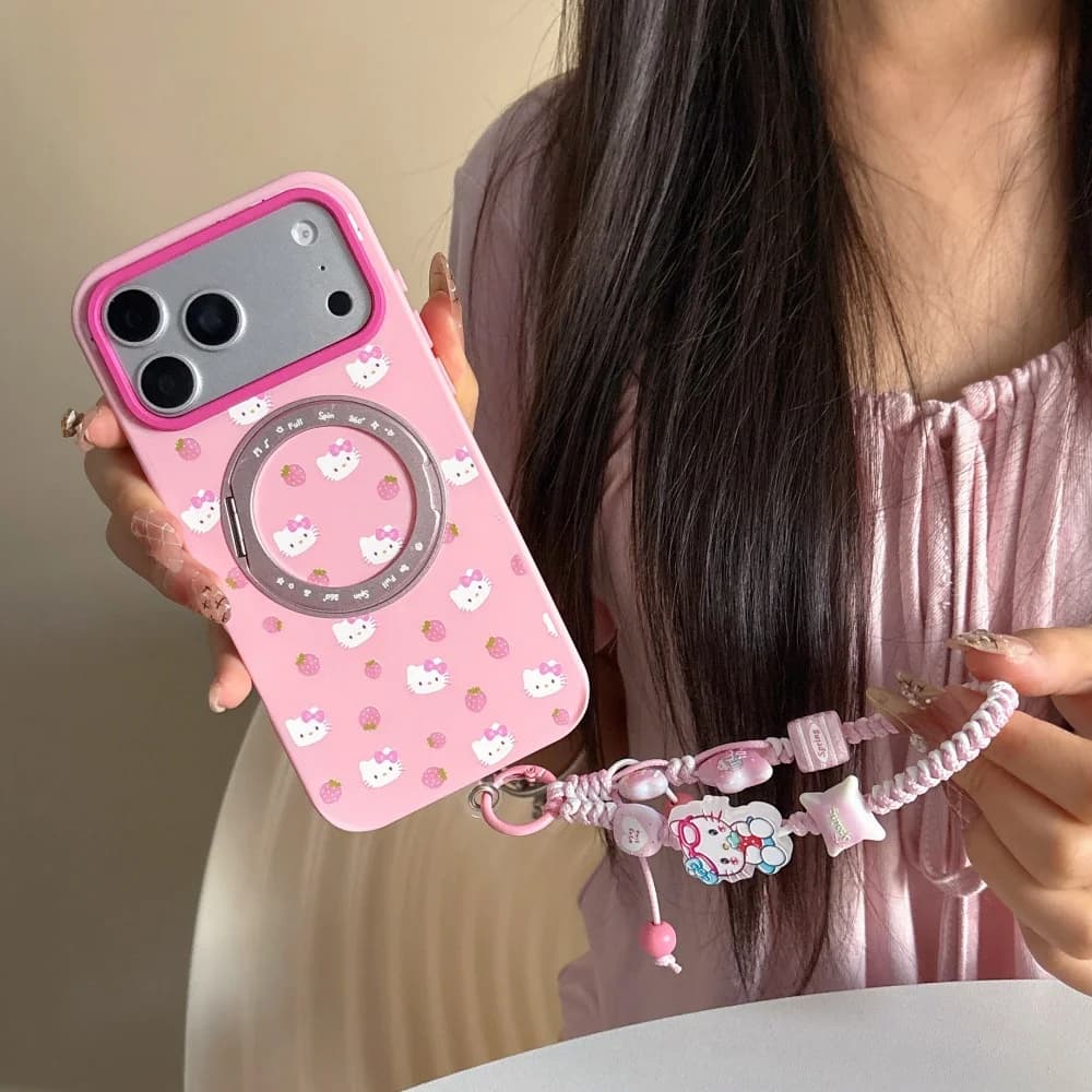 Korea Ins Pink Strawberry Cartoon Cat Magnetic Phone Case for iPhone 18 17 Pro Max 18Pro with Charm Sweet Anti-fall Cover Kawaii