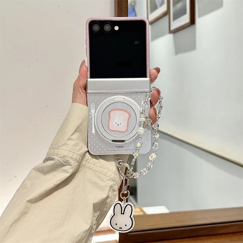Fashion Polka Dot Miffy Bunny With Magsafe Stand Chain Phone case for Samsung Galaxy Z Flip6 7 8 Flip 7 6 5 4 3 Flip8 7FE Cover