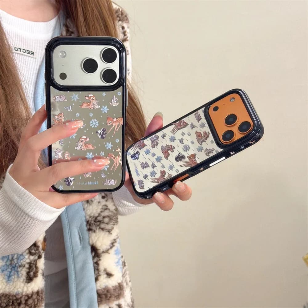 TNew Cute Mirror Christmas Snowflake Bambi Package, Suitable for iPhone 17pro/13/14/15/16 Pro Max Anti Drop Version
