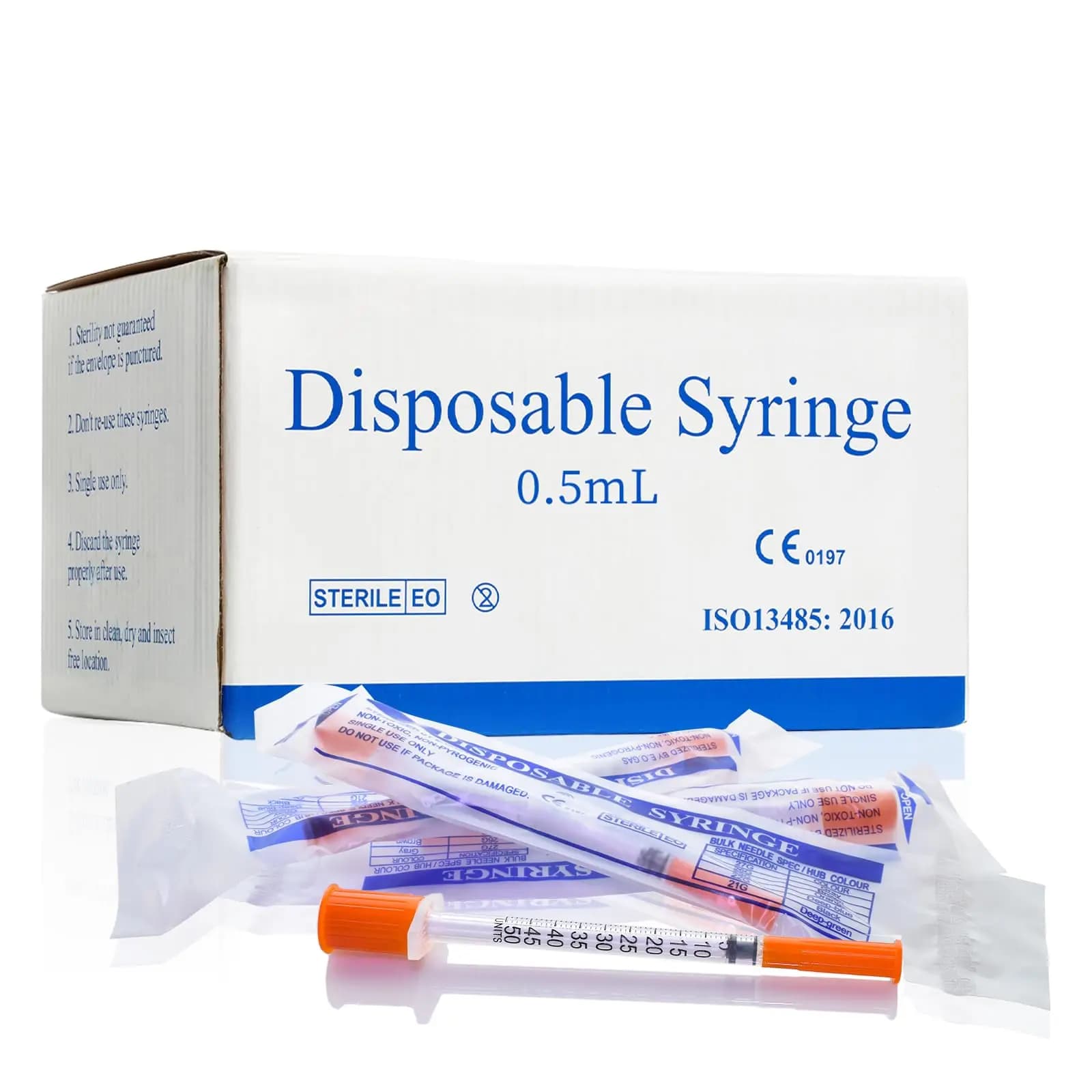 0.5ml 31G 8MM Plastic Manual Insulin Syringe Individually Wrapped for Pets Veterinary Use, 100PCS/box