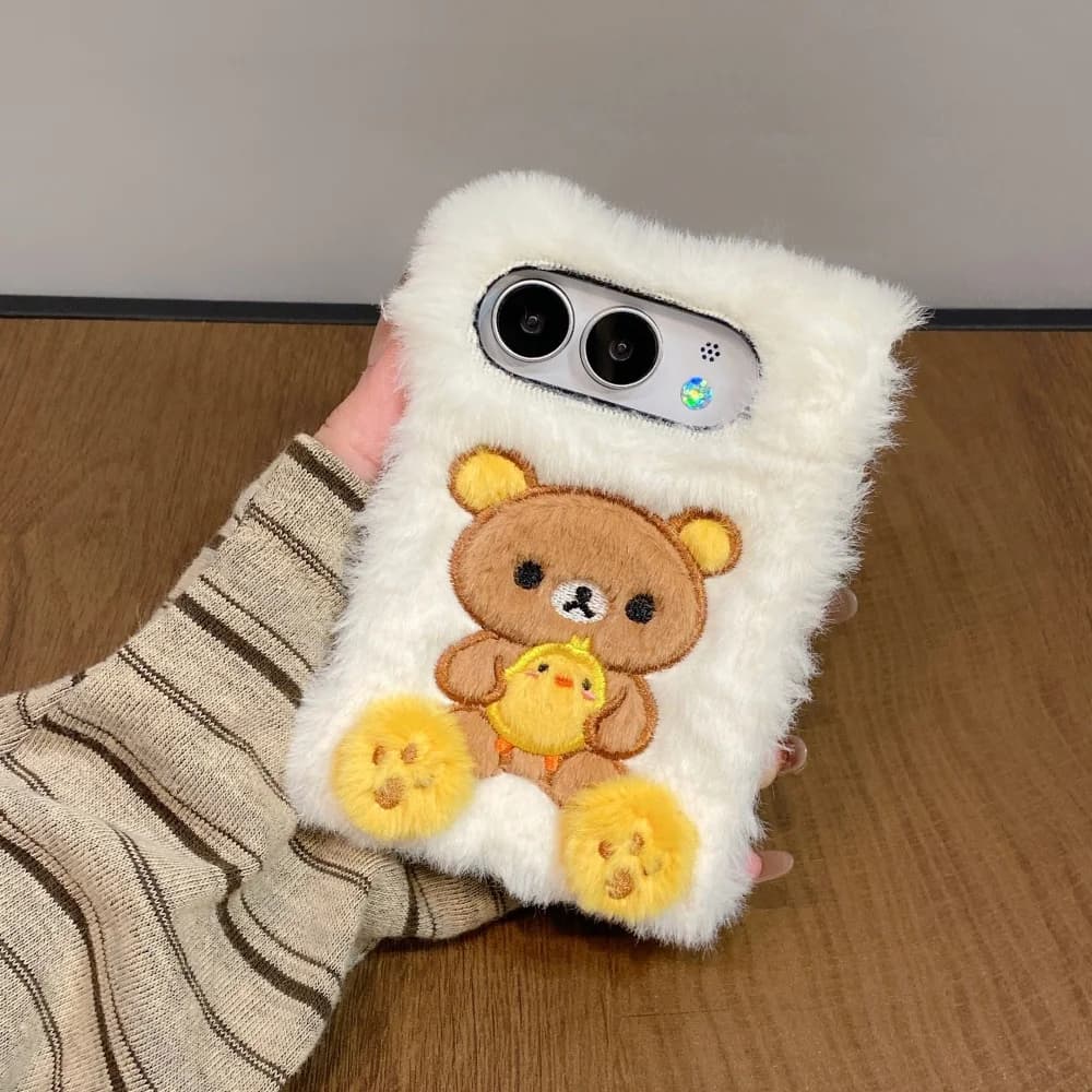 Cute Fluffy Plush Bear Embroidered New Phone Case For iPhone Duo Cover Autumn And Winter Shockproof Protective Phone Case Kawaii