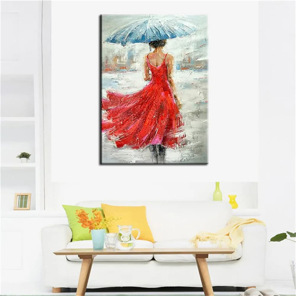 Modern Hand Painted Canvas Oil Painting Abstract Red skirt Girl Home Decor Wall Art Picture For Wedding Living Room poster gift