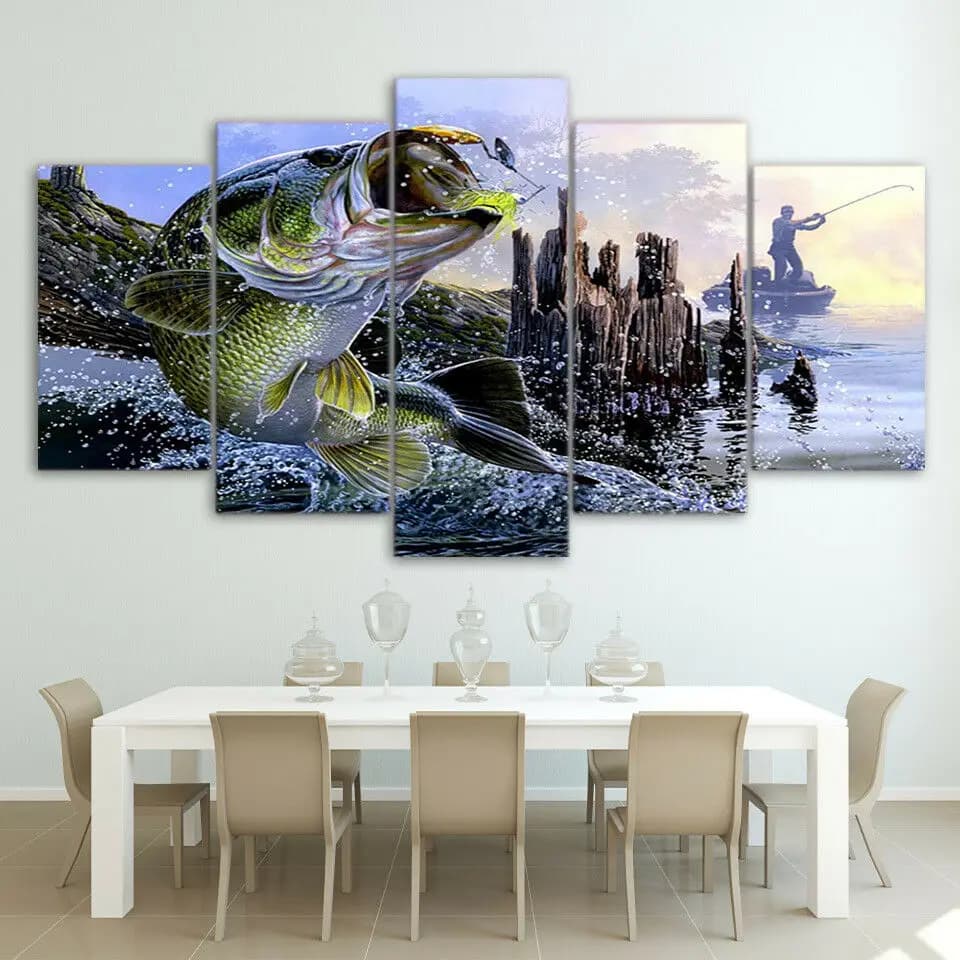 5 Panel Largemouth Bass Fishing Boat Fisherman Poster Wall Art Canvas Pictures Home Decor HD PrintNo Framework