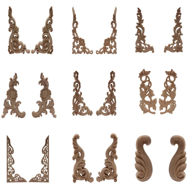 2PCS Unpainted Modern Leaves Flower Large Wooden  Corner Cabinet Wood Applique Wood Decal Onlay Furniture Decoration Accessories