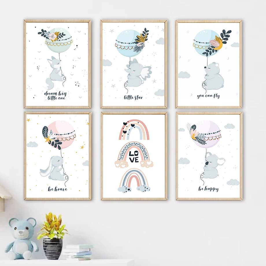 Balloon Flower Rainbow Fox Elephant Rabbit Bear Wall Art Canvas Painting Nordic Posters And Prints Pictures Kids Room Home Decor