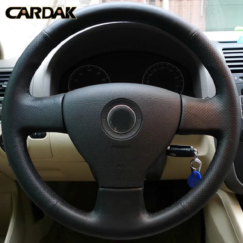 CARDAK Hand-stitched Black Artificial Leather Steering Wheel Cover for Volkswagen Old Golf Polo Sagitar Lavida 2010 Polo