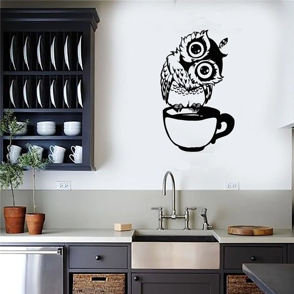 Creative Owl Coffee Cup Wall Stickers Living Room Bedroom Kitchen Background Decoration Paster Cafe Home Decor Removable Mural
