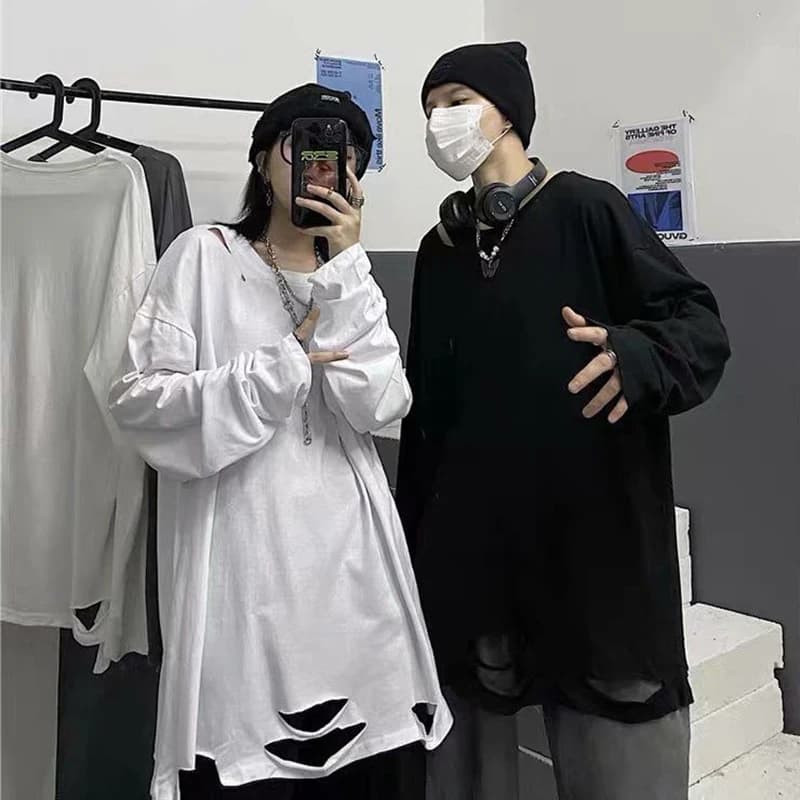 Autumn Winter Fashion Long Sleeve Men Tshirt Korean Vintage Ripped Hole Streetwear Woman 3xl Oversized Punk White Black Clothing