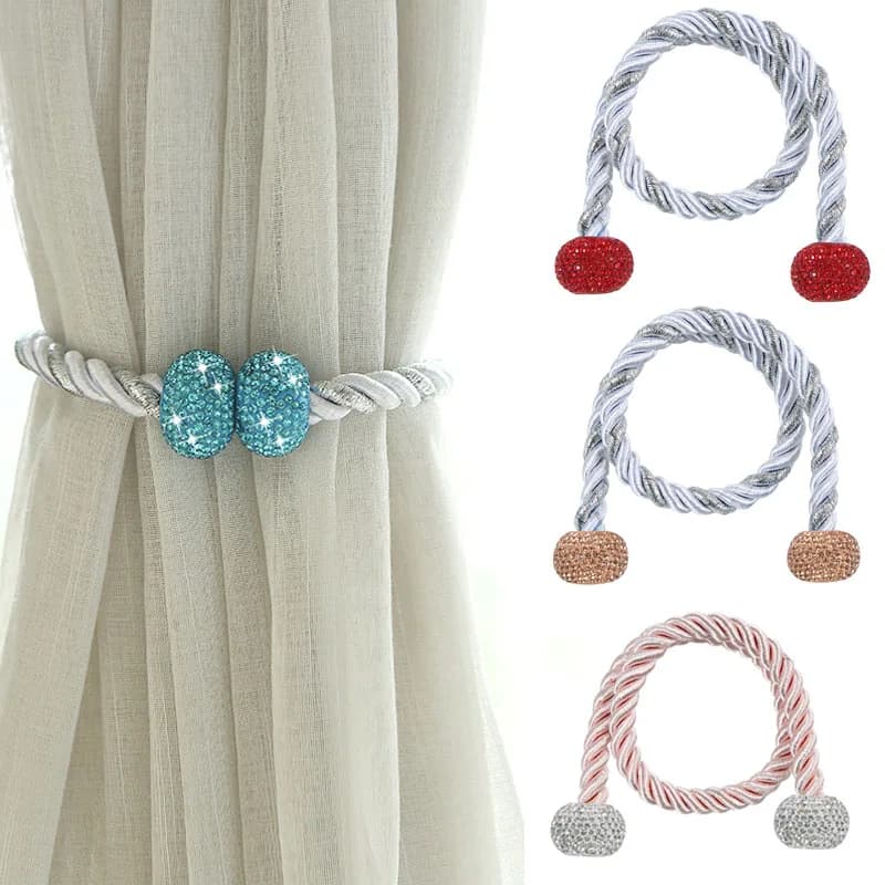 2 Pack Magnetic Curtain Tiebacks Bling Bling Rhinestone Tie Backs Holders Clips for Home Office Decorative Rope Holdbacks