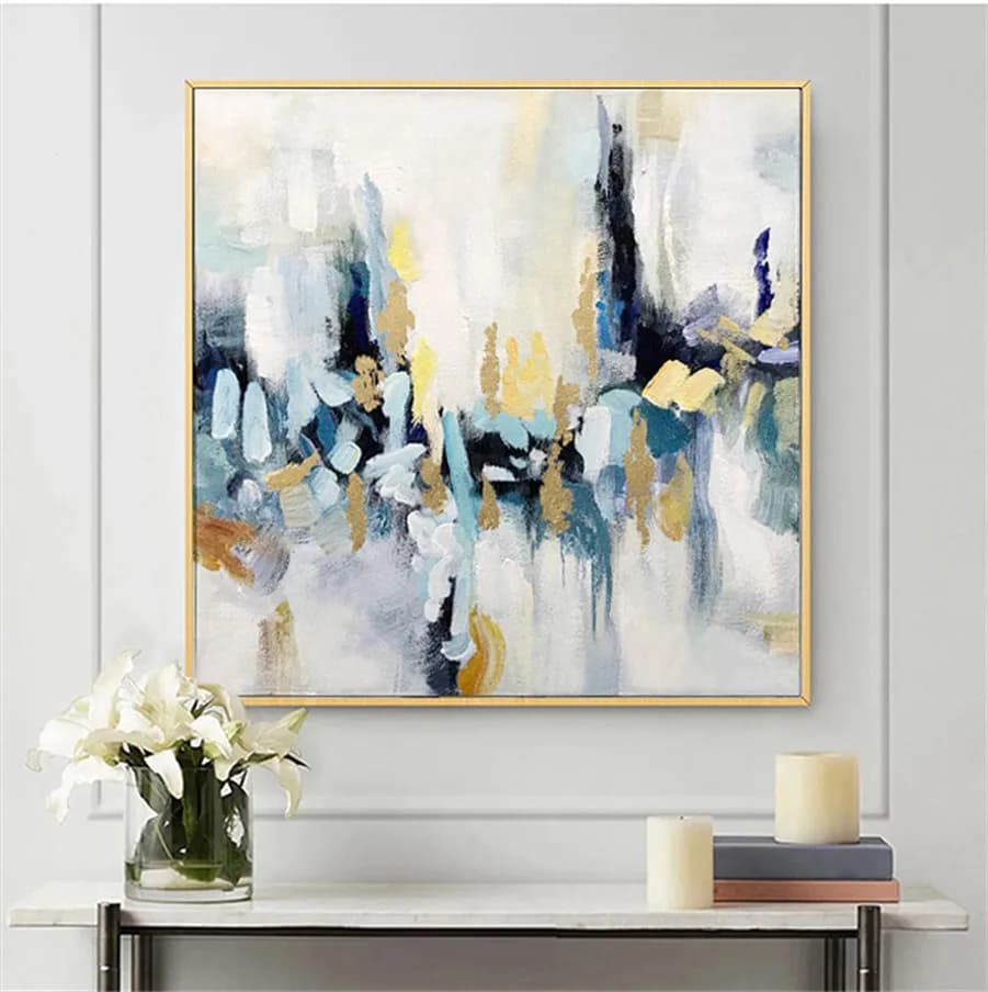 Hand Made Oil Painting Blue Green Multi Color Modern Abstract Wall Art Picture Square Home Decor Canvas Painting Living Room