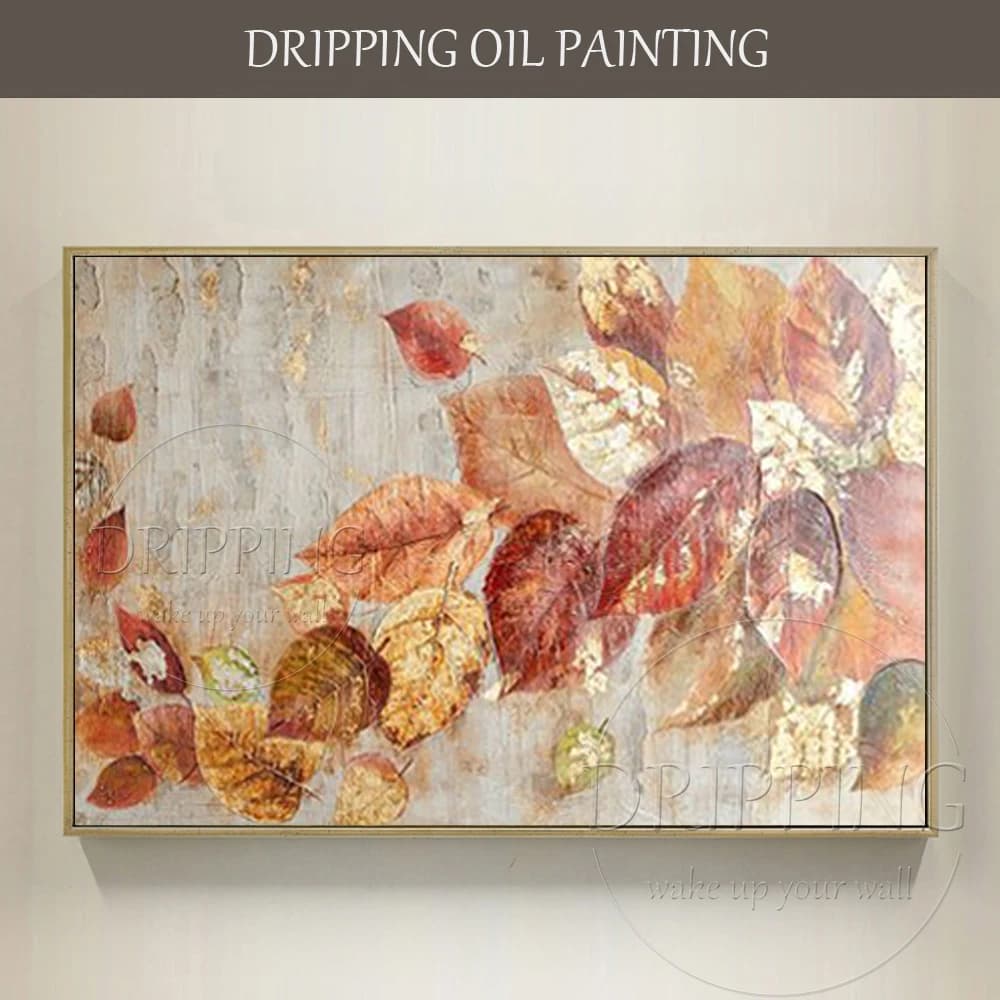 Pretty Beauty Tumbling Gold Leaves Acrylic Painting Hand-painted Golden Foil Leaves Acrylic Painting for Living Room Decoration