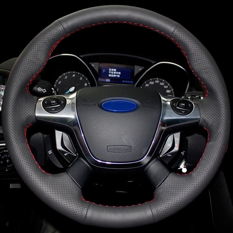 CARDAK Soft Black Leather Hand-stitched Car Steering Wheel Cover for Ford Focus 3 2012-2014 KUGA Escape 2013-2016