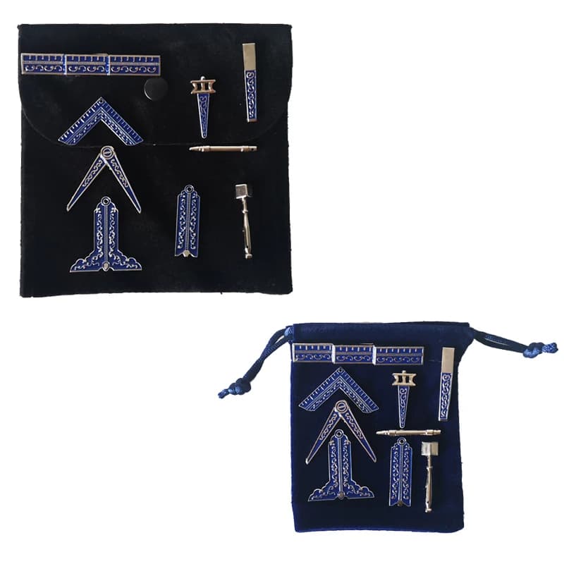 Masonic Miniature Working Tools One Set with Black or Blue Velvet Bag Mason Freemason Gift 9 Pieces Commemorative for Present