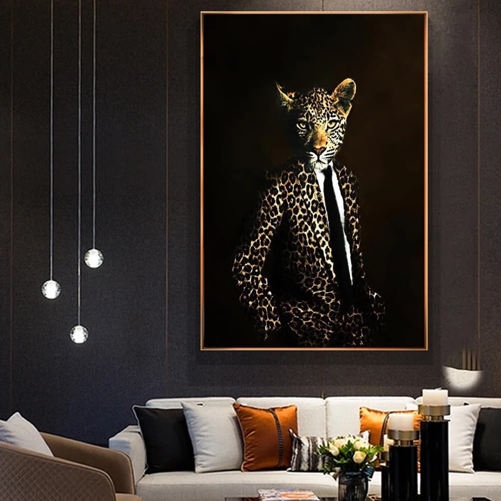 Modern Animal Art Portrait Posters and Print Wall Canvas Painting, Leopard with Leopard Suit Picture for Living Room, Home Decor