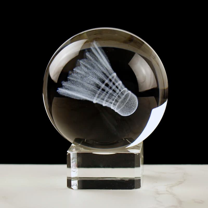 3D Badminton Crystal Ball with Metal Stand Laser Engraving Badminton Miniatures Crystal Model Desktop Bedroom Home Decoration