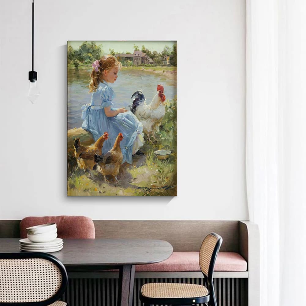 Konstantin Razumov " little girl with chicken " Canvas Oil painting Art Poster Picture Modern Decor Home Living room Decoration