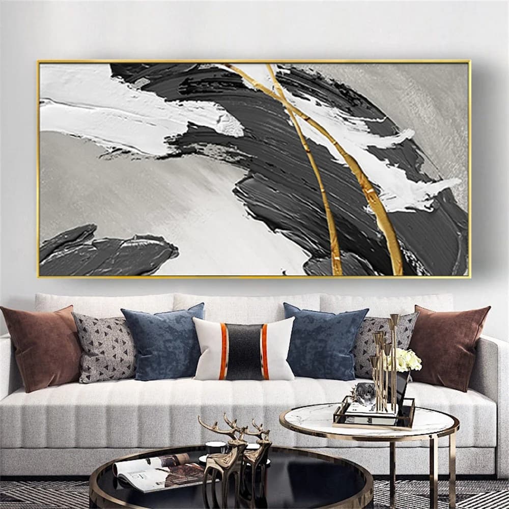 100% Hand-Painted Abstract Oil Painting black and white Canvas Painting Golden lines Retro Decor Wall Art for home Room decor