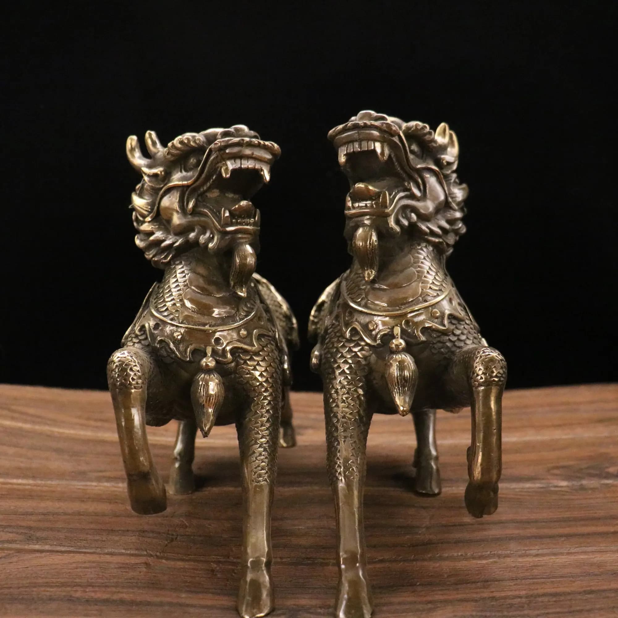 12"Tibetan Temple Collection Old Brass Patina Kylin Unicorn A Pair Mythical Beast Office Ornaments Town House Exorcism