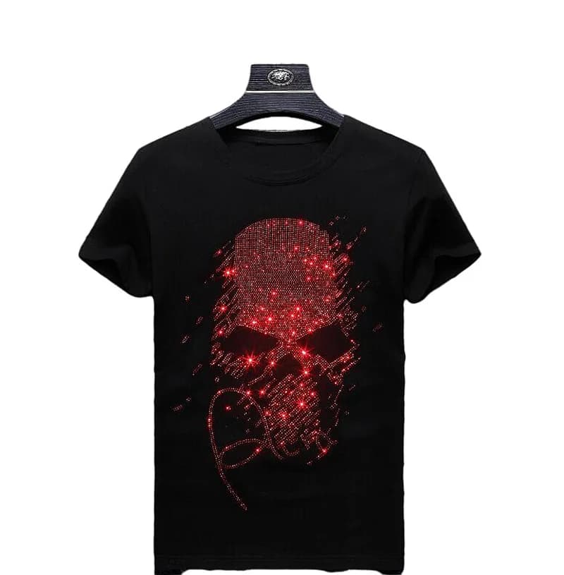 Men's Rhinestone Skull Cotton T-Shirt Streetwear Summer Style Hot Drill Short Sleeve Men's Top for Casual Wear