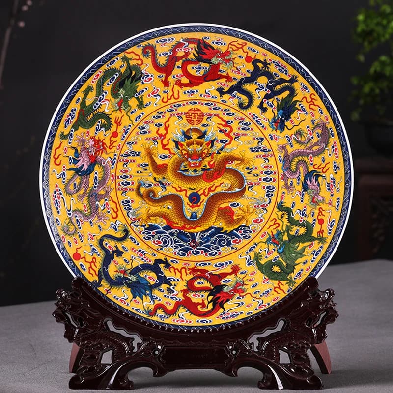 Fengshui Art Ceramic Ornamental Plate Ancient China Nine Dragons Decoration Wood Base Porcelain Traditional Chinese Plate Set