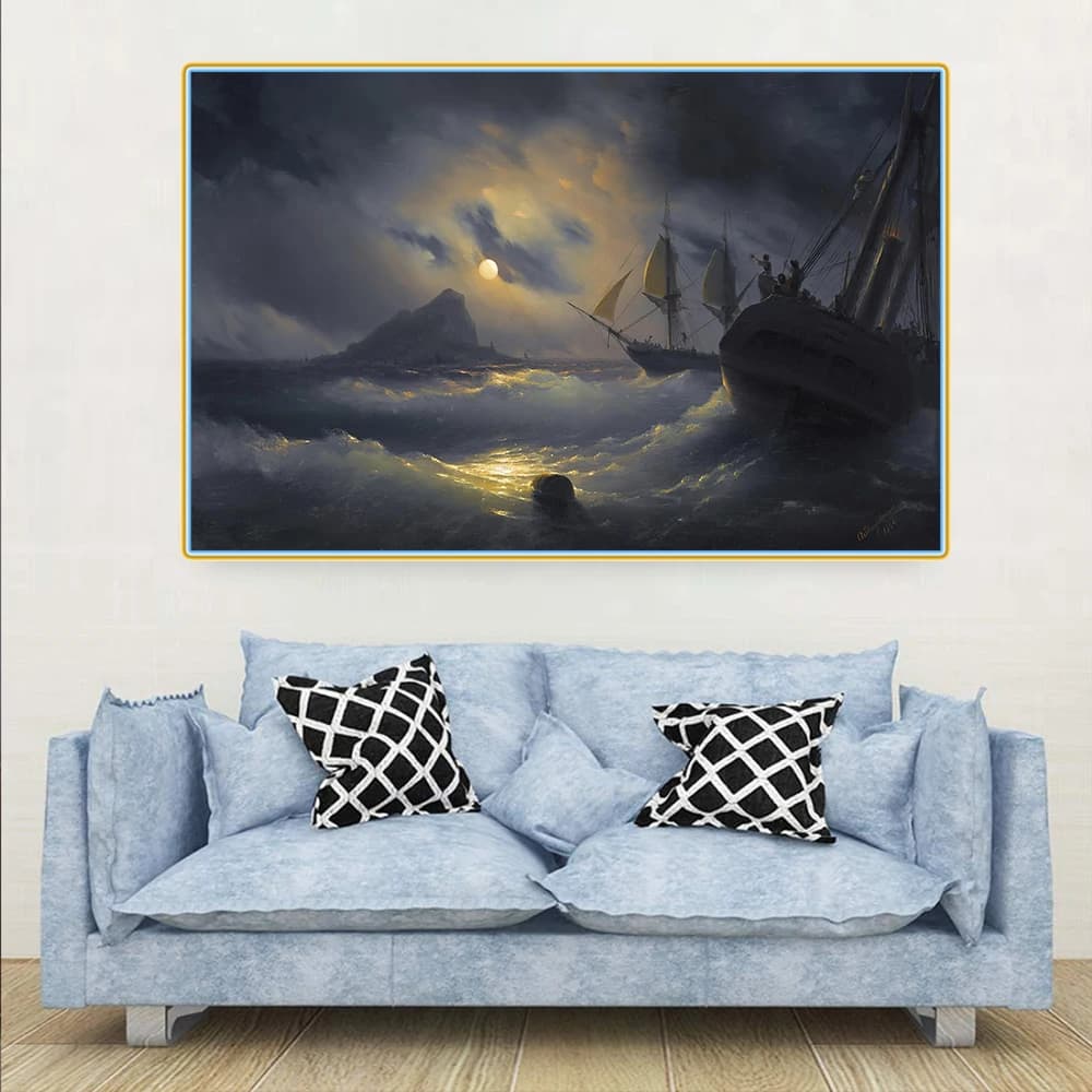 Ivan Aivazovsky " Gibraltar by night " Canvas Oil Painting Print Poster Picture Modern Wall Decor Home Living room Decoration