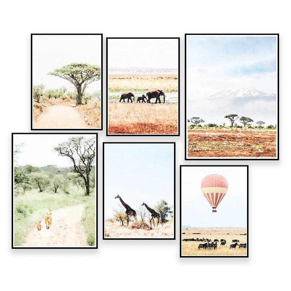 African Safari Animals Landscape Watercolor Gallery Wall Art Prints Digital Download Printable Travel Boy Nursery