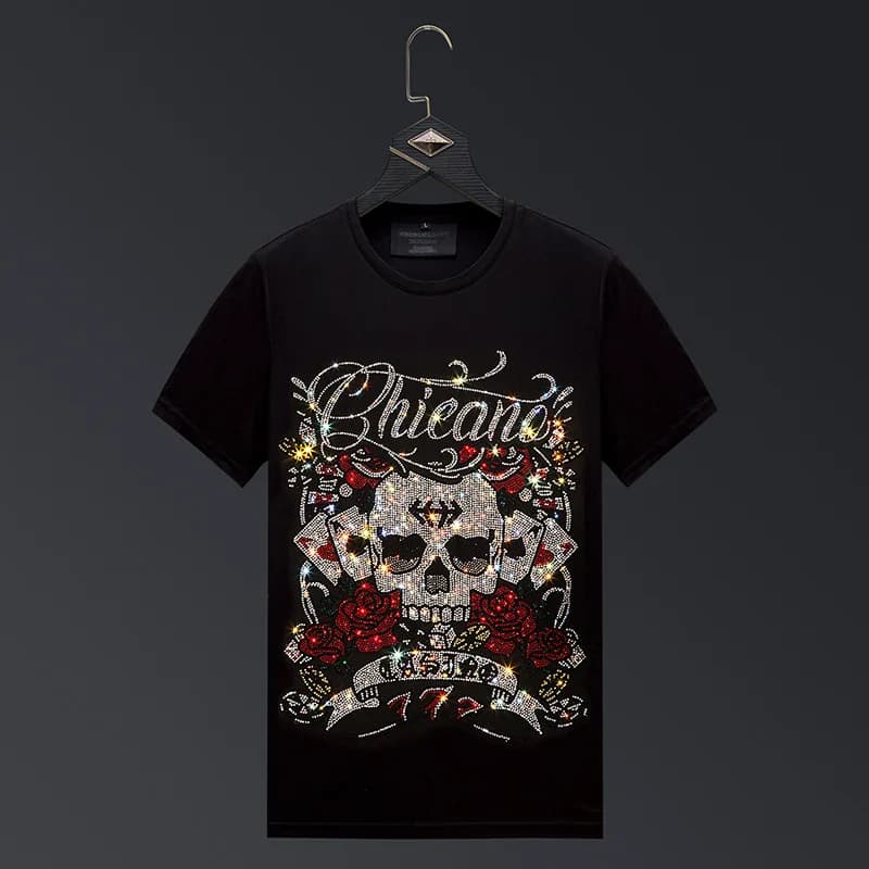 2025 New Skull Rhinestones T Shirts Men Brand Short Sleeve Fashion Man Streetwear O Neck Slim Modal Cotton Tshirts Plus Size 6XL