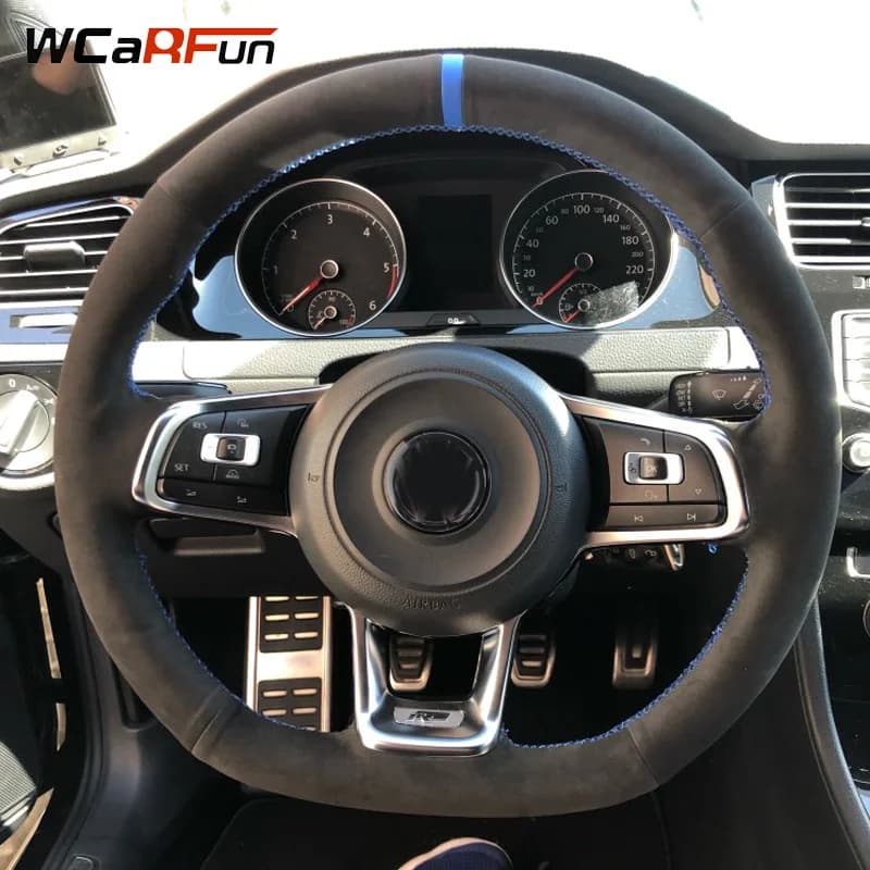 WCaRFun Black Suede Hand-stitched Car Steering Wheel Cover for Volkswagen Golf 7 GTI Golf R MK7 VW Polo GTI Scirocco 2015 2016