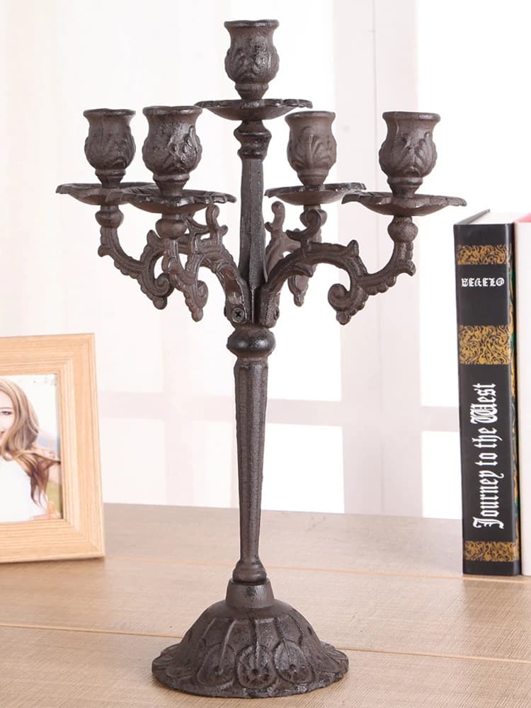 Cast Iron Tabletop Candlestick Holder Hand Crafted Vintage Five Heads Candelabra 40cm Tall Stand Candle Display In Gold Rustic