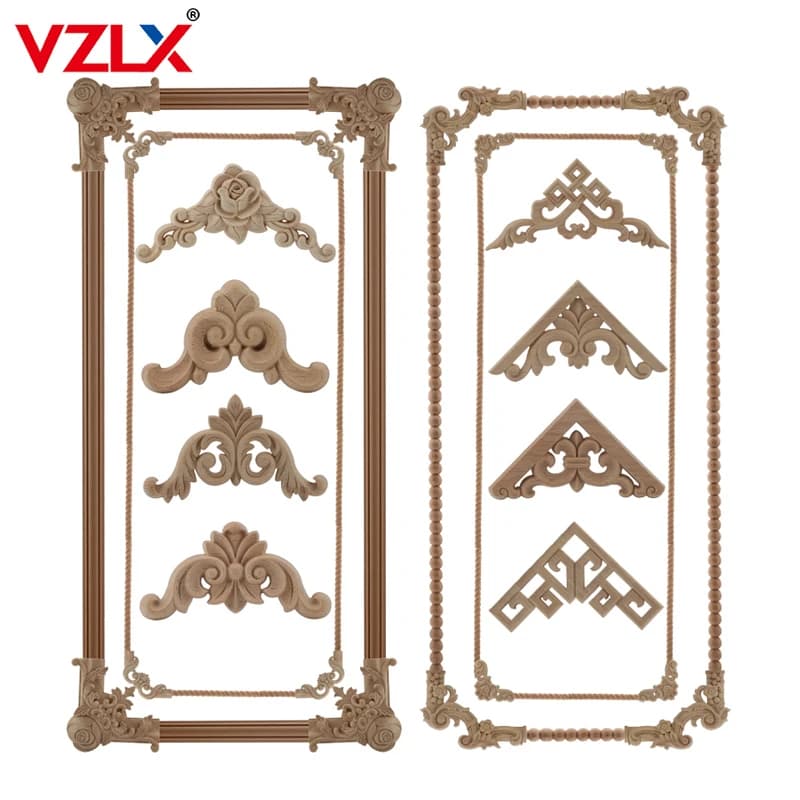 VZLX Carved Unpainted European Exquisite Floral Leaves Rubber Furniture Window Corner Wood Applique Figurines Vintage Home Deco