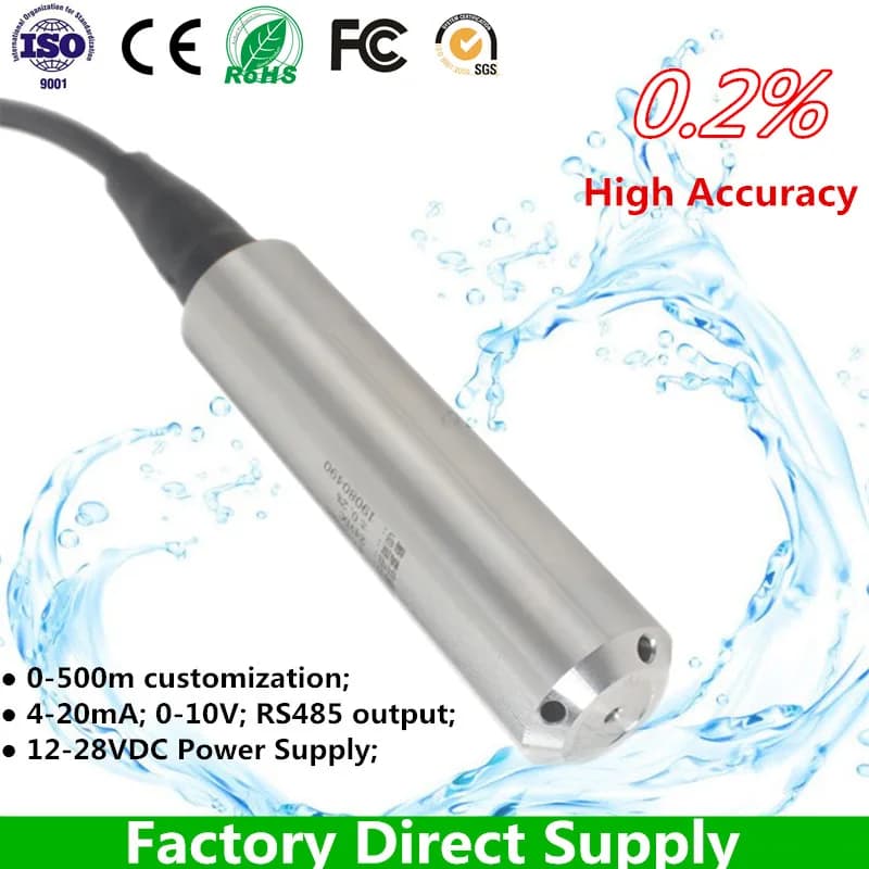 IP68 Water Level Sensor Transmitter 4-20mA, 0-10V RS485 Output 5M 6m, 8m, 9m, 10m Range Liquid Pressure Transducer