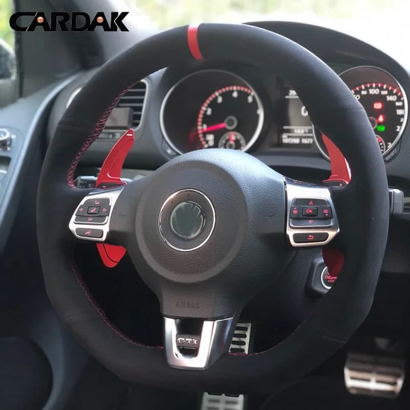 CARDAK Custom Hand-Stitched Soft Leather Black Suede Car Steering Wheel Cover For Volkswagen Golf 6 GTI MK6/ Scirocco R