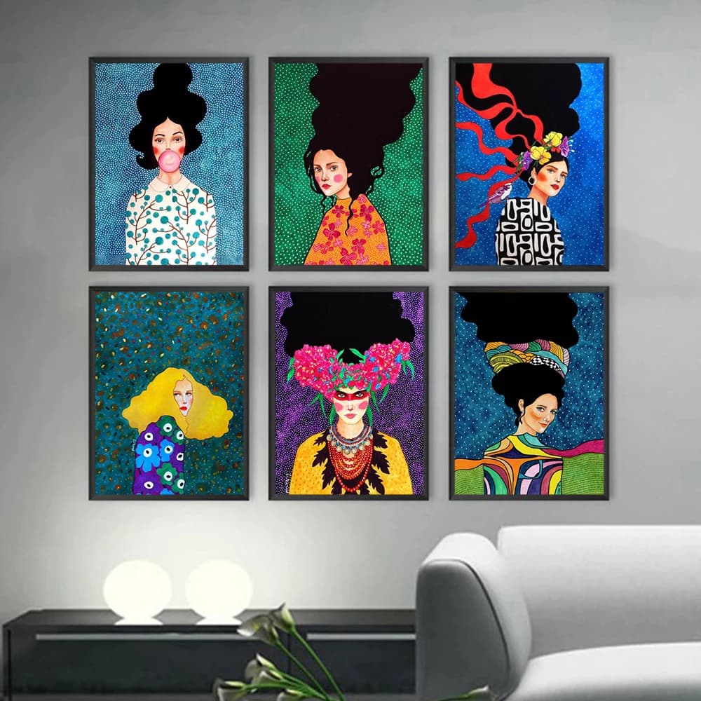 Abstract Nordic Girl Hair Flower Bird Wall Art HD Canvas Painting Figure Character Colorful Poster and Print Wall Picture Decor