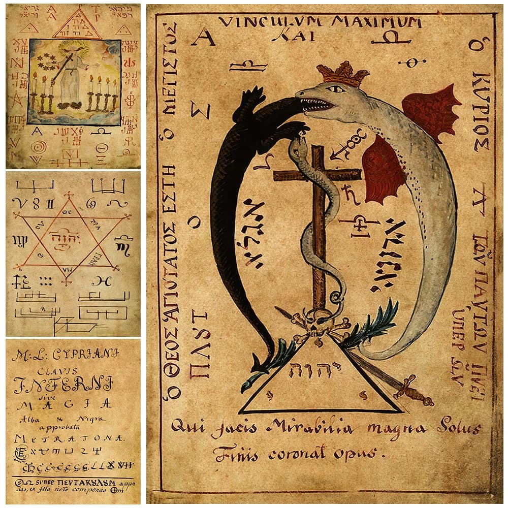 Old Black Magic Books Vintage Art Print The Key To Hell Witchcraft Wall Art Canvas Painting Home Decoration Poster And Prints