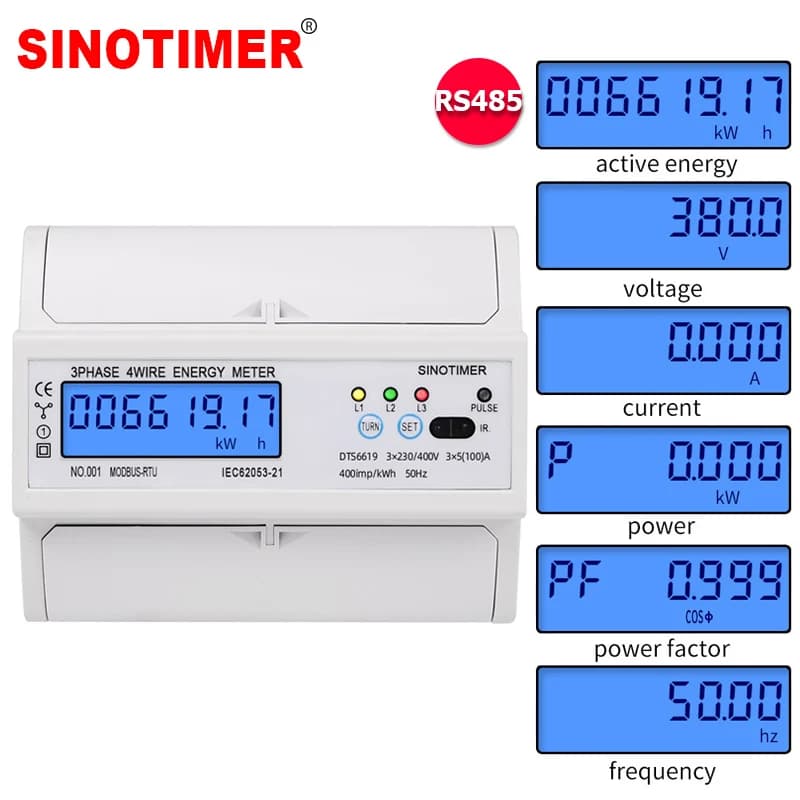Din Rail Electric Three Phase Energy Meter RS485 kWh Consumption Power Voltage Current Wattmeter Monitor Modbus RTU 380V 400V