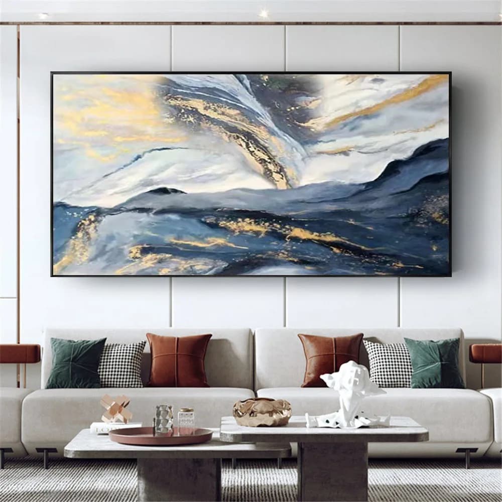Modern Living Room Decor Painting Nordic 100% Hand-Painted Abstract Oil Paintings Blue Gold Texture Canvas Mural Sofa Wall Art