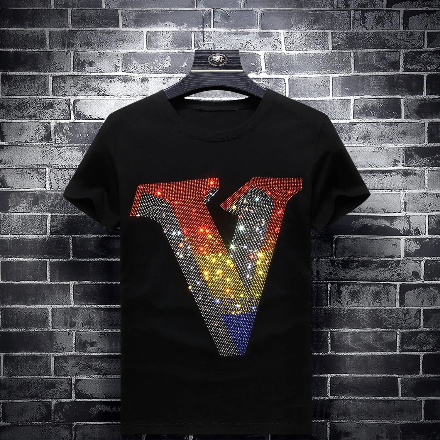 2025 Colorful Rhinestones Letter T Shirts Men Fashion Slim Clothing Streetwear O Neck Short Sleeve Modal Cotton Camisetas Hombre