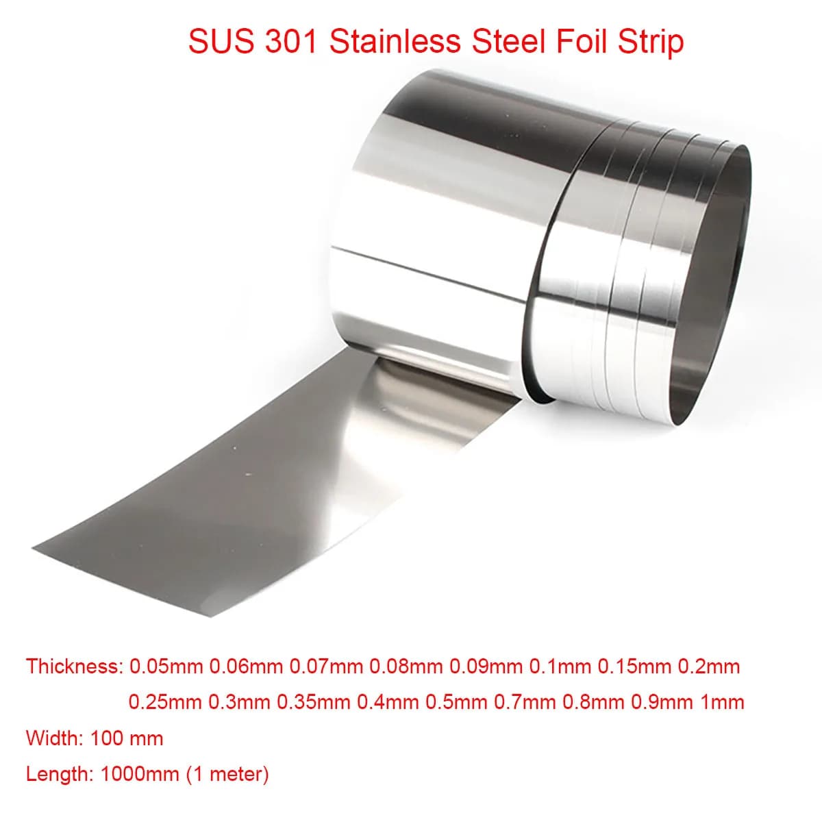 1pcs SUS301 Stainless Steel Foil Strip Sheet Thin Plate 0.05 to 1mm × 100mm × 1000mm