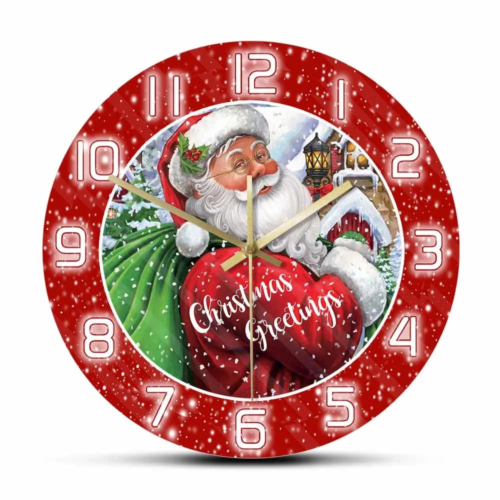 Christmas Vintage Santa Clause Wall Clock For Kids Living Room Greetings With Sack Red Design Snow Holiday Home Decor Wall Watch