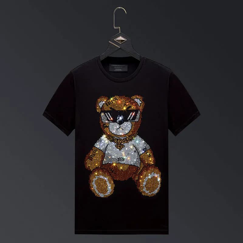 Plus Size 2024 Bear Rhinestones T Shirts Men Top Fashion Streetwear O Neck Short Sleeve Slim Modal Cotton Tshirts Mens Clothing