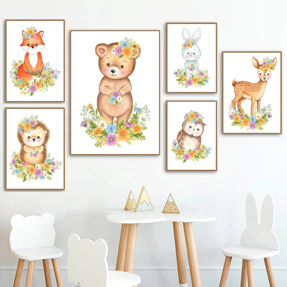 Jungle Animal Deer Hedgehog Bear Owl Rabbit Fox Wall Art Canvas Painting Nordic Posters And Prints Wall Pictures Kids Room Decor