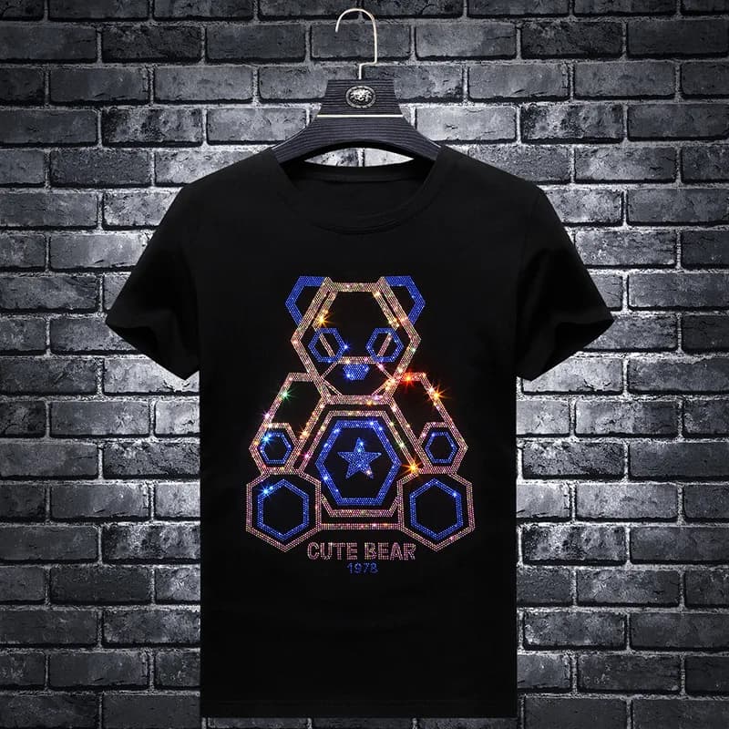 Plus Size 6XL 2025 Cute Bear Rhinestones T Shirts Men Brand Short Sleeve Fashion Man Streetwear O Neck Slim Modal Cotton Tshirts