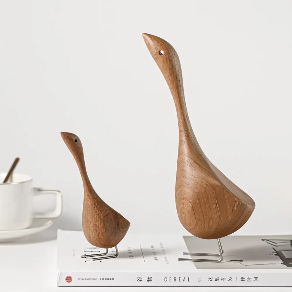 Nordic Wooden Goose Figurines Abstract Teak Wood Sculpture Lovely Couple Figure Nature Teak Animal Ornaments for Home Decoration