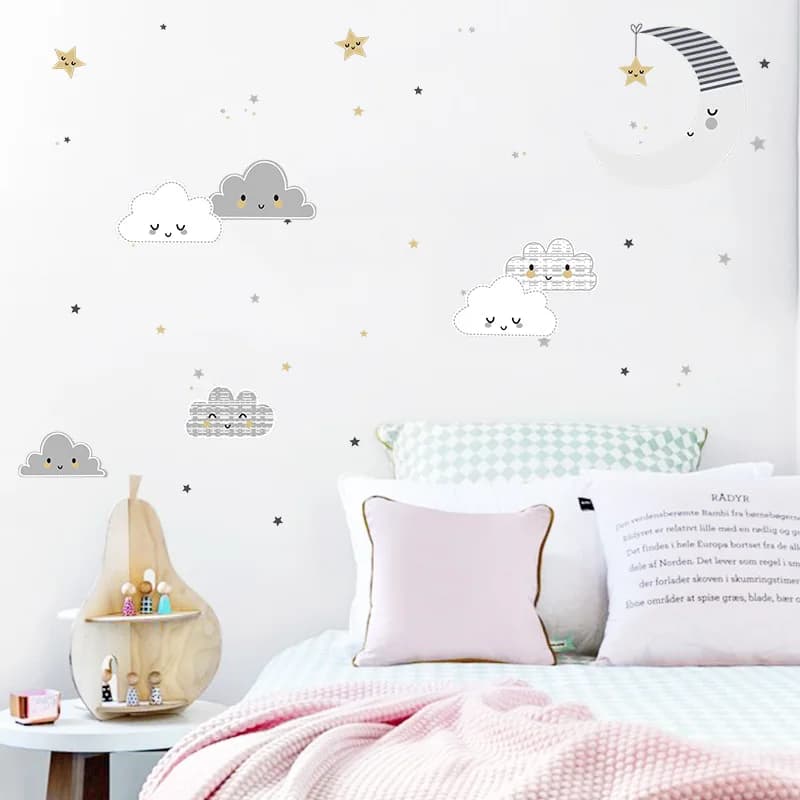 Cartoon Clouds Moon Wall Sticker For Kids Room Decoration Decals Child Bedroom Background Decor Mural Cute Self-adhesive Paster